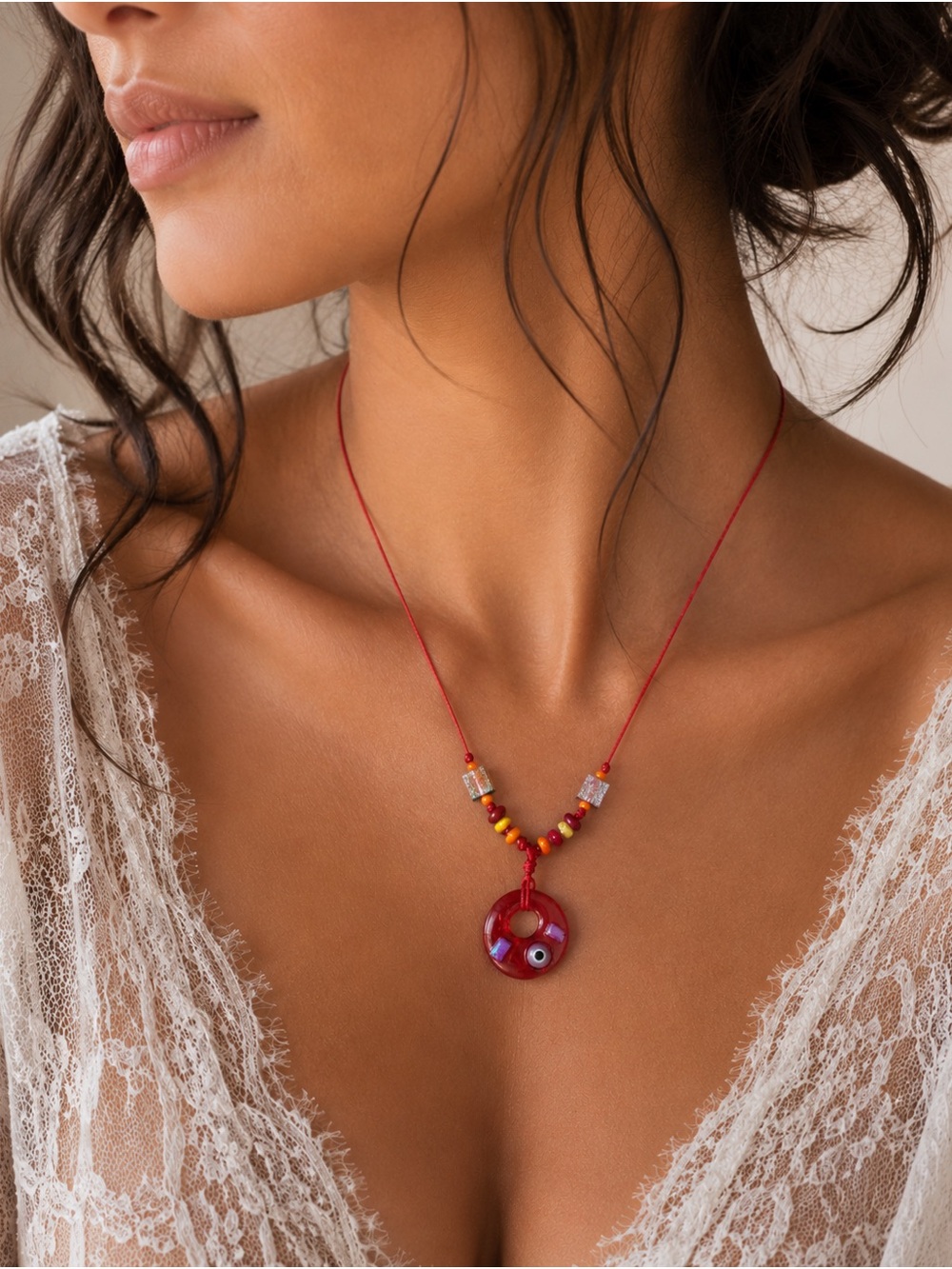 Red cord Beaded Evil Eye Pendant Murano Necklace - Women Jewelry